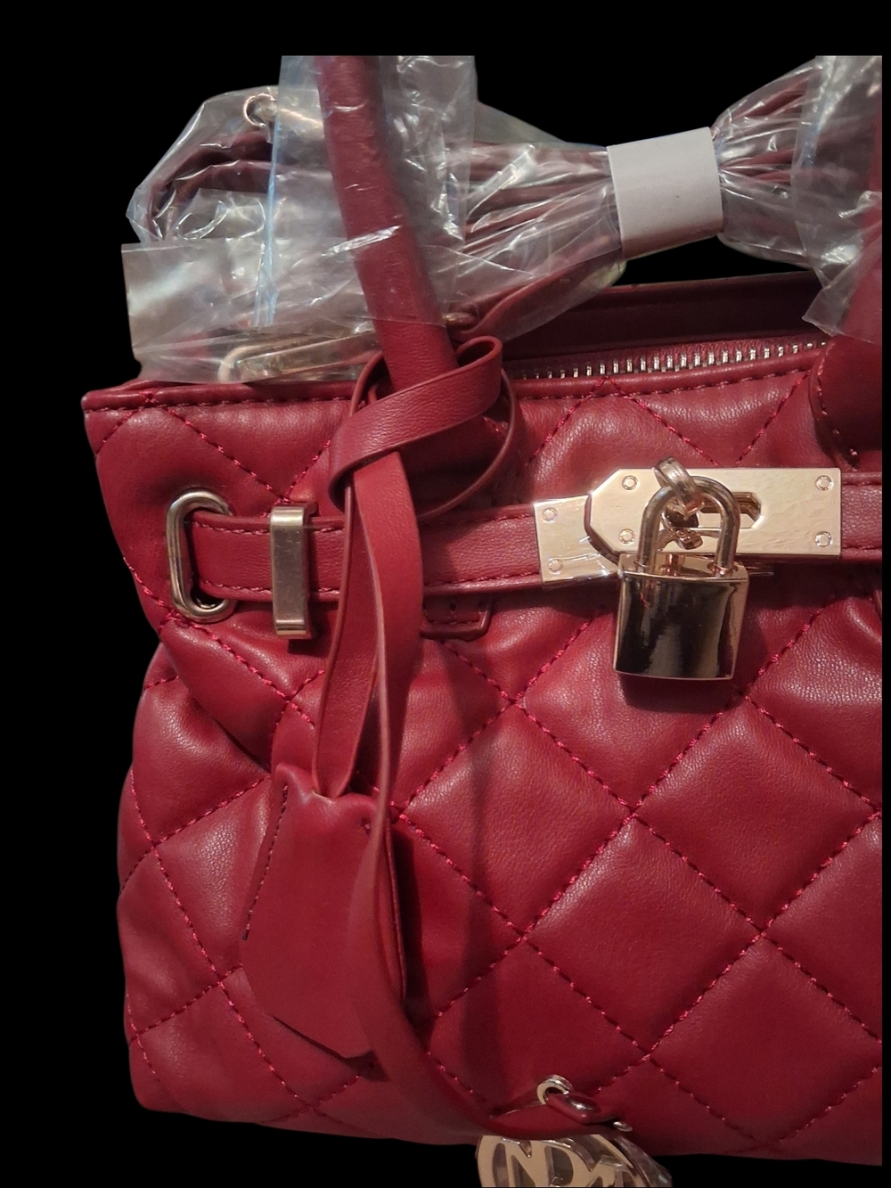 Badgley Mischka Red Quilted Top-Handle Satchel with Gold Hardware - Picture 3 of 7